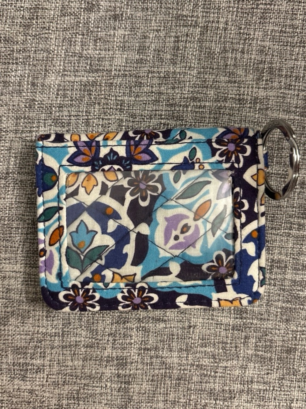 Vera Bradley Blue Floral Quilted ID Card Holder with Key Ring